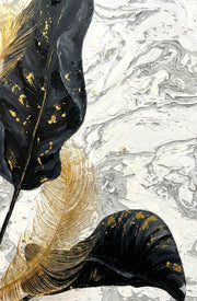 3D-Reliefbild Gilded Leaf & Feather Reverie – Goldene Federn und Blätter – Luxuriöse Wanddekoration