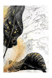 3D-Reliefbild Gilded Leaf & Feather Reverie – Goldene Federn und Blätter – Luxuriöse Wanddekoration