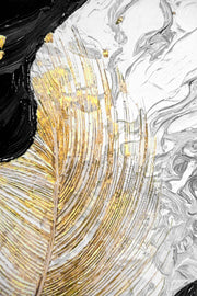3D-Reliefbild Gilded Leaf & Feather Reverie – Goldene Federn und Blätter – Luxuriöse Wanddekoration