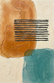 Ochre & Teal Linear Harmony – 3D Relief Painting with Terracotta, Turquoise, and Black Lines
