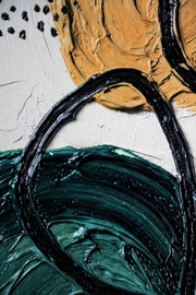 Teal & Ochre Abstract Loop – 3D Relief Painting with Teal, Ochre and Black Line