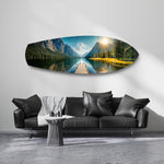 Mountain Lake Dock Sunrise Glass Wall Art.
