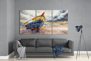 Aquarelle de bateau de pêche sur la plage – Tableau en verre XXL en 3 parties