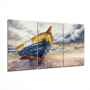 Aquarelle de bateau de pêche sur la plage – Tableau en verre XXL en 3 parties