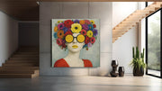 Vrouw met bloemen – Canvas Wandkunst in Vierkante Uitvoering