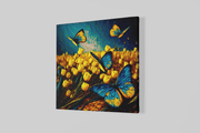 Gele Tulpen en Vlinders – Vierkante Canvas Wanddecoratie – Canvas Wandkunst in Vierkante Uitvoering