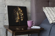 Gouden Bladeren in Zwart – Vierkante Canvas Wanddecoratie – Canvas Schilderij als Wanddecoratie