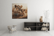 Moeder Leeuwin met Welp – Canvas Wandkunst in Vierkante Uitvoering