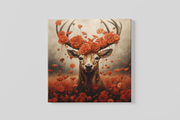 Hert met Rode Bloemen – Canvas Schilderij als Wanddecoratie