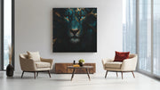 Leeuw in Groen en Goud – Vierkante Canvas Wandkunst