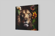 Leeuw en Bloemen – Vierkant Canvas Kunst voor de Muur