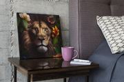 Leeuw en Bloemen – Vierkant Canvas Kunst voor de Muur