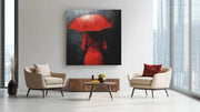 Vrouw en rode paraplu – Modern Canvas Schilderij – Vierkante Canvas Wandkunst