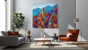 Kleurenmozaïek Stad – Vierkante Canvas Wanddecoratie – Canvas Schilderij als Wanddecoratie