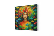 Meisje met kleurrijke Vissen – Vierkant Canvas Kunst voor de Muur