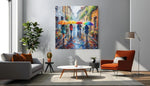 Kleurrijke Regenachtige Straat – Canvas Wandkunst in Vierkante Uitvoering