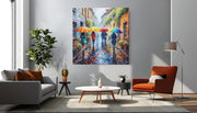 Kleurrijke Regenachtige Straat – Canvas Wandkunst in Vierkante Uitvoering