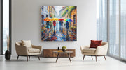 Kleurrijke Regenachtige Straat – Canvas Wandkunst in Vierkante Uitvoering