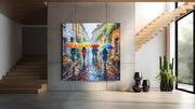 Kleurrijke Regenachtige Straat – Canvas Wandkunst in Vierkante Uitvoering