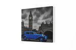 Blauwe Oldtimer bij de Big Ben – Vierkant Canvas Kunst voor de Muur