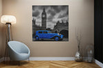 Blauwe Oldtimer bij de Big Ben – Vierkant Canvas Kunst voor de Muur
