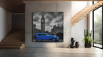 Blauwe Oldtimer bij de Big Ben – Vierkant Canvas Kunst voor de Muur