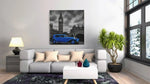 Blauwe Oldtimer bij de Big Ben – Vierkant Canvas Kunst voor de Muur