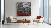 Rode Oldtimer bij het Colosseum – Canvas Wandkunst in Vierkante Uitvoering