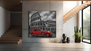 Rode Oldtimer bij het Colosseum – Canvas Wandkunst in Vierkante Uitvoering