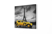 Gele Auto Eiffeltoren – Vierkant Canvas Schilderij voor de Wand