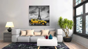 Gele Auto Eiffeltoren – Vierkant Canvas Schilderij voor de Wand