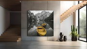 Gele Roeiboten Bergmeer – Vierkante Canvas Wanddecoratie – Canvas Wanddecoratie in Vierkante Vorm