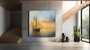 Zeilschip bij Zonsondergang – Canvas Wanddecoratie in Vierkante Vorm