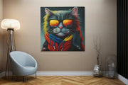 Coole Kat met Zonnebril – Canvas Wanddecoratie in Vierkante Vorm