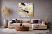 Abstracte Kunst Wit Goud – Modern Canvas Schilderij – Vierkant Canvas Kunstwerk voor het Interieur