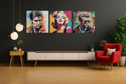 Marilyn Monroe, Elvis Presley en James Dean – Vierkante Canvas Wandkunst
