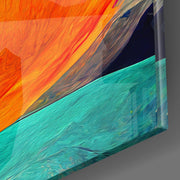 Bloesem van Turquoise en Oranje Bloemblaadjes – Vierkant Glasschilderij
