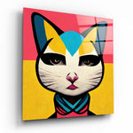 Vierkant Glasschilderij Pop Art kat roze en geel Split Glasschilderij
