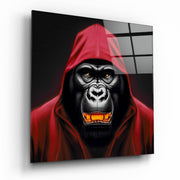 Vierkant Glasschilderij rood Hooded Gorilla with goud Teeth Glasschilderij