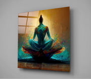 Turquoise Lotusmeditatie op Goud – Vierkant Glasschilderij