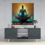 Turquoise Lotusmeditatie op Goud – Vierkant Glasschilderij