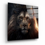Vierkant Glasschilderij Proud Savanna leeuw Glasschilderij | Designer collectie
