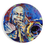 Geschilderde trombonist op blauw – Rond Glasschilderij