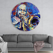 Geschilderde trombonist op blauw – Rond Glasschilderij