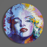 Blauwpaarse blonde vrouw in cirkel – Rond Glasschilderij