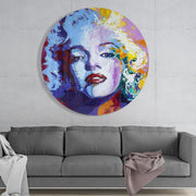 Blauwpaarse blonde vrouw in cirkel – Rond Glasschilderij