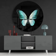 Turquoise vlinder op zwart – Rond Glasschilderij
