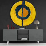 Gele en marineblauwe cirkelbol – Rond Glasschilderij