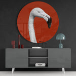Witte flamingo in een rode cirkel – Rond Glasschilderij