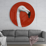 Witte flamingo in een rode cirkel – Rond Glasschilderij